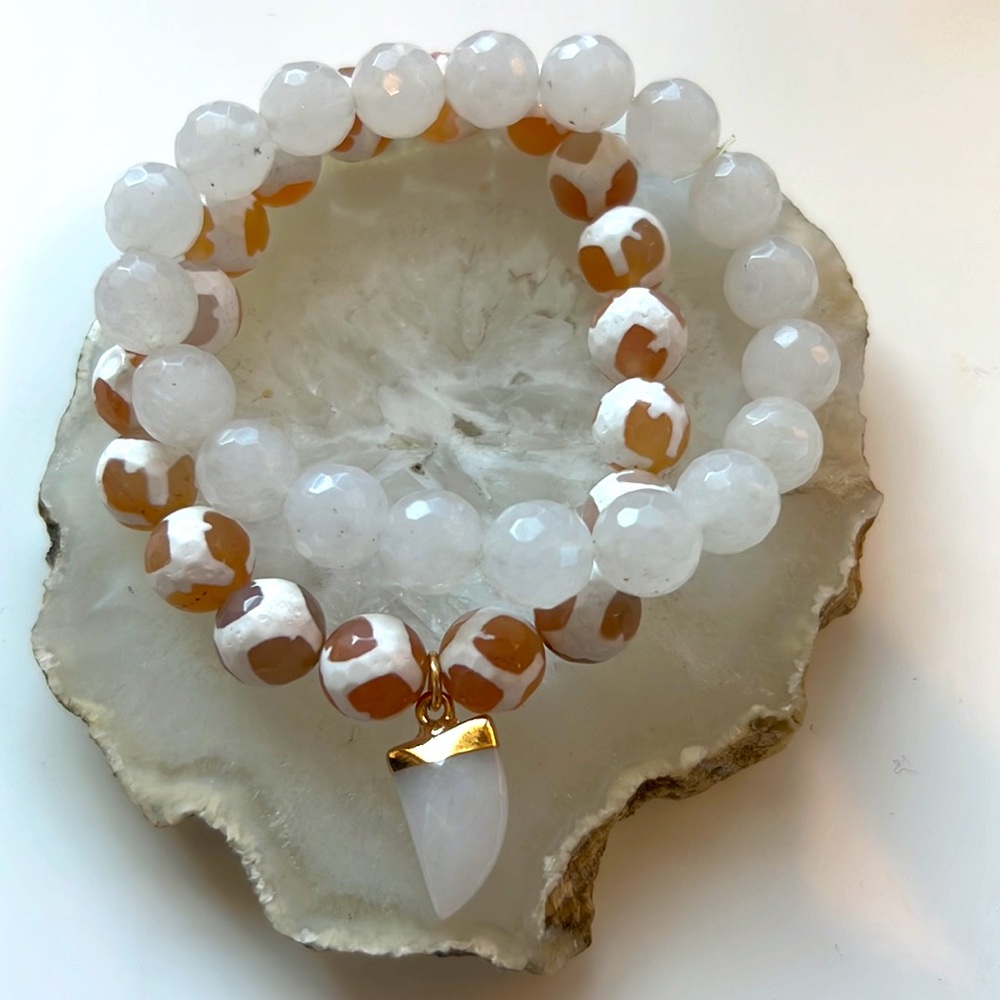 New - SET of (2) Dzi & Jade Beaded Bracelets